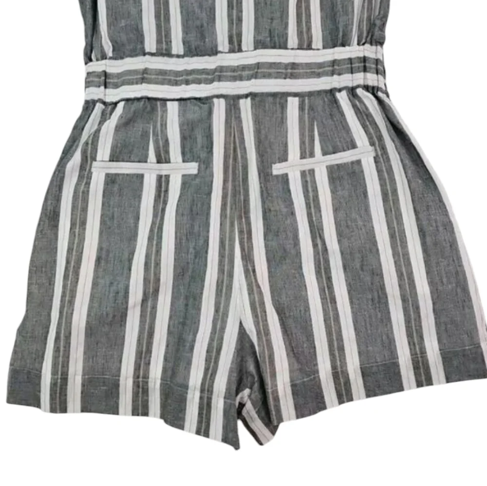 Banana Republic ~Size 0~ Gray/White Striped Romper Waist Drawstring Linen Blend